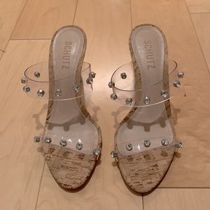 Schultz Arielle Cork Mules. Like NEW. 4” heel.